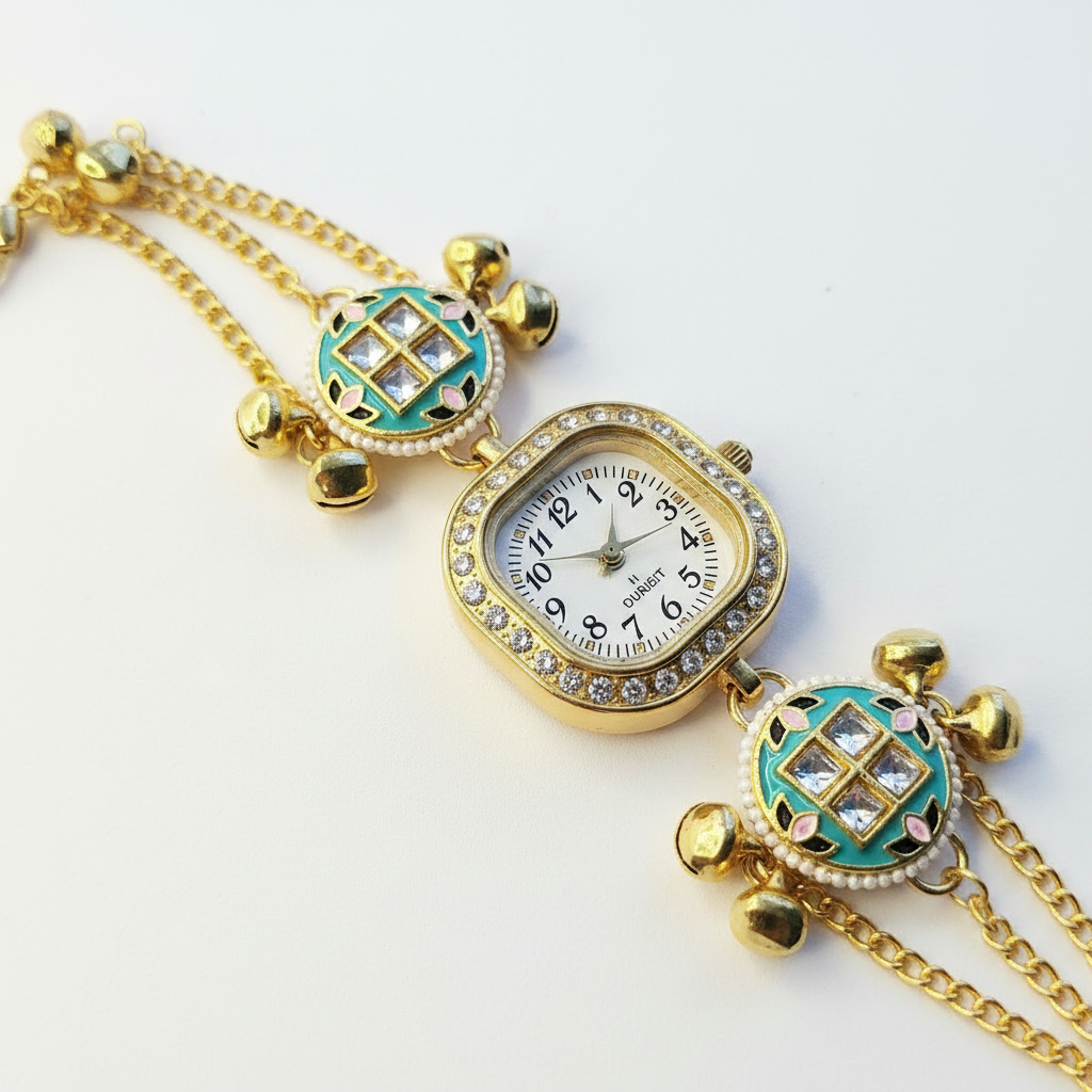 Teal Kundan Lattice Bracelet Watch - Close-up Macro Detail