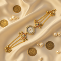 Kundan Filigree Bracelet Watch - Ivory Silk Bridal Flat Lay