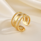 Gold Wide Cuff Layered Rope & Smooth Band Open Ring - cream silk fabric close-up