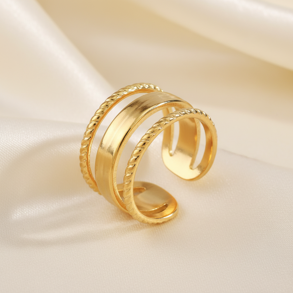 Gold Wide Cuff Layered Rope & Smooth Band Open Ring - cream silk fabric close-up