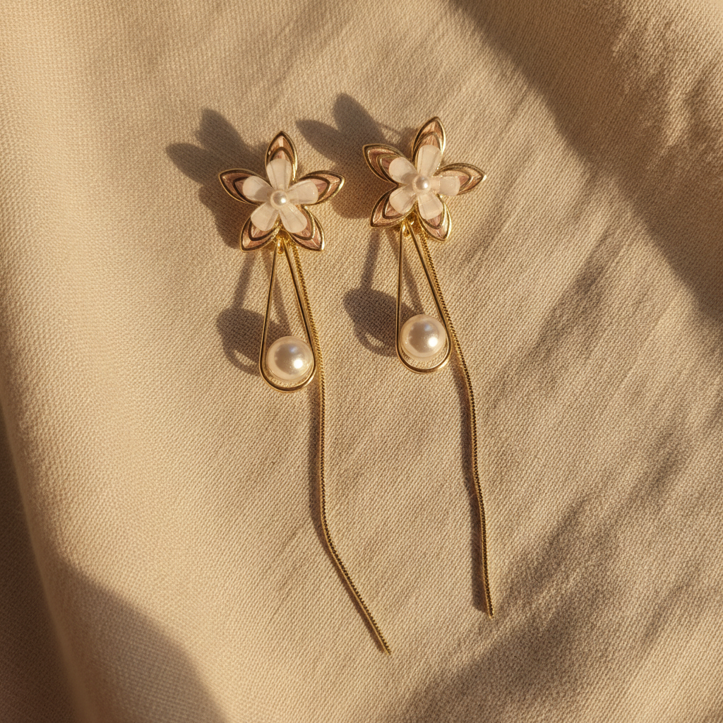 Gold Blush Flower Pearl Drop Earrings