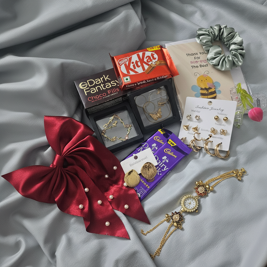 Violet Vows gift box flat-lay with gold jewelry, chocolate, scrunchie, and red bow on grey fabric
