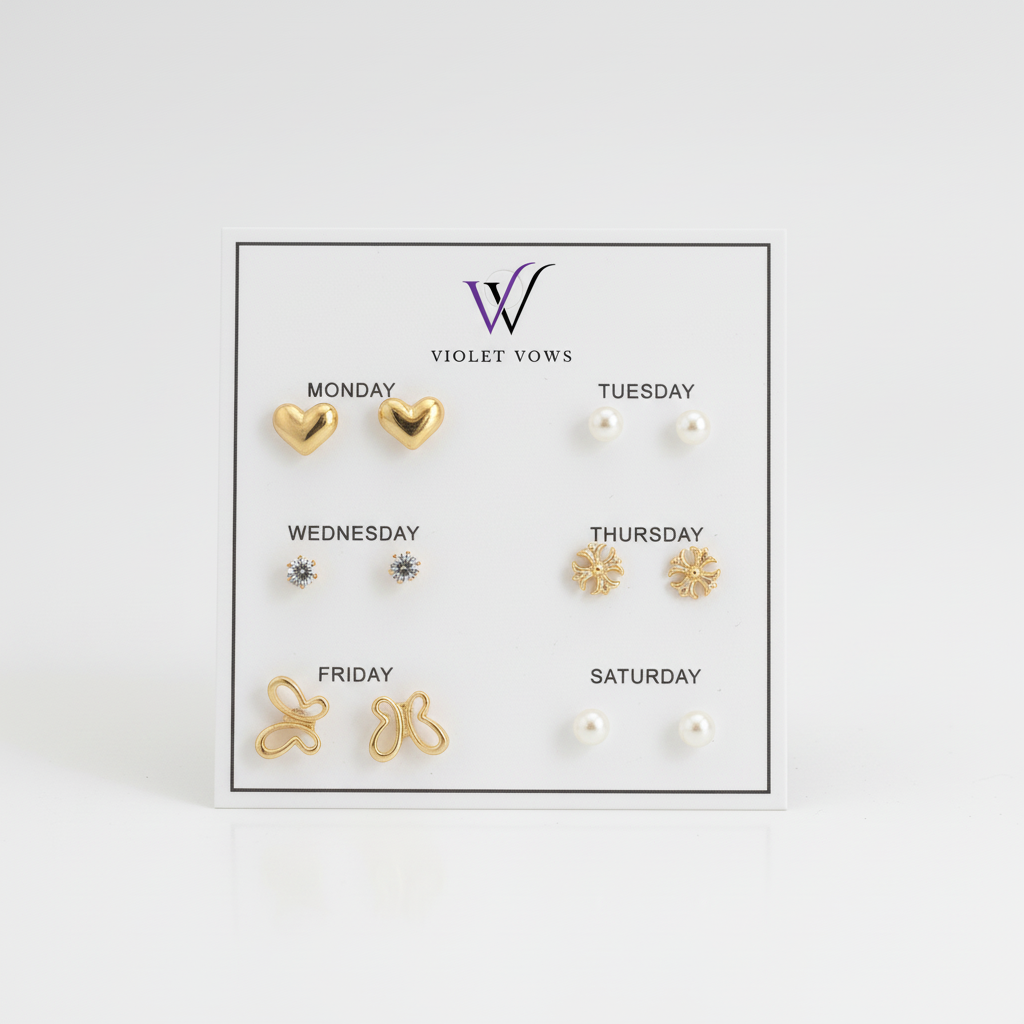Weekday Earring Set - 6 Pairs (Hearts & Flowers)