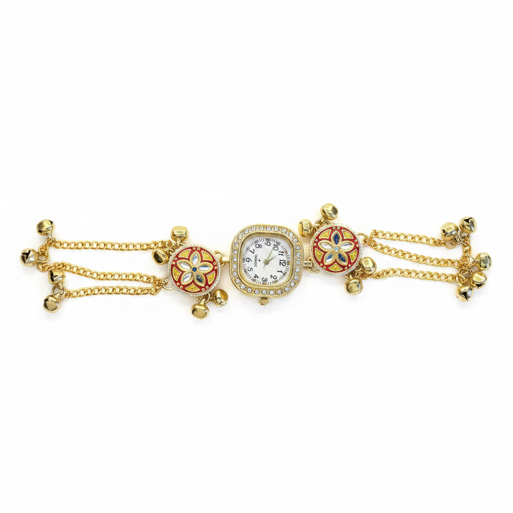 Kundan Meenakari Bracelet Watch - White Background Studio Shot