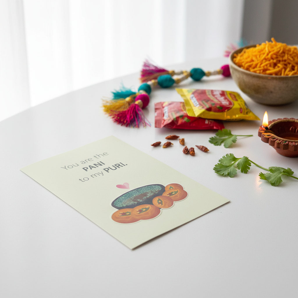 Greeting Card lifestyle photo with Indian snacks and colorful decorations