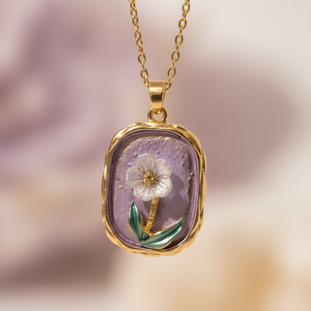 Gold Lavender Enamel Floral Pendant Necklace - White Flower & Teal Leaf
