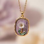 Gold Lavender Enamel Floral Pendant Necklace - White Flower & Teal Leaf