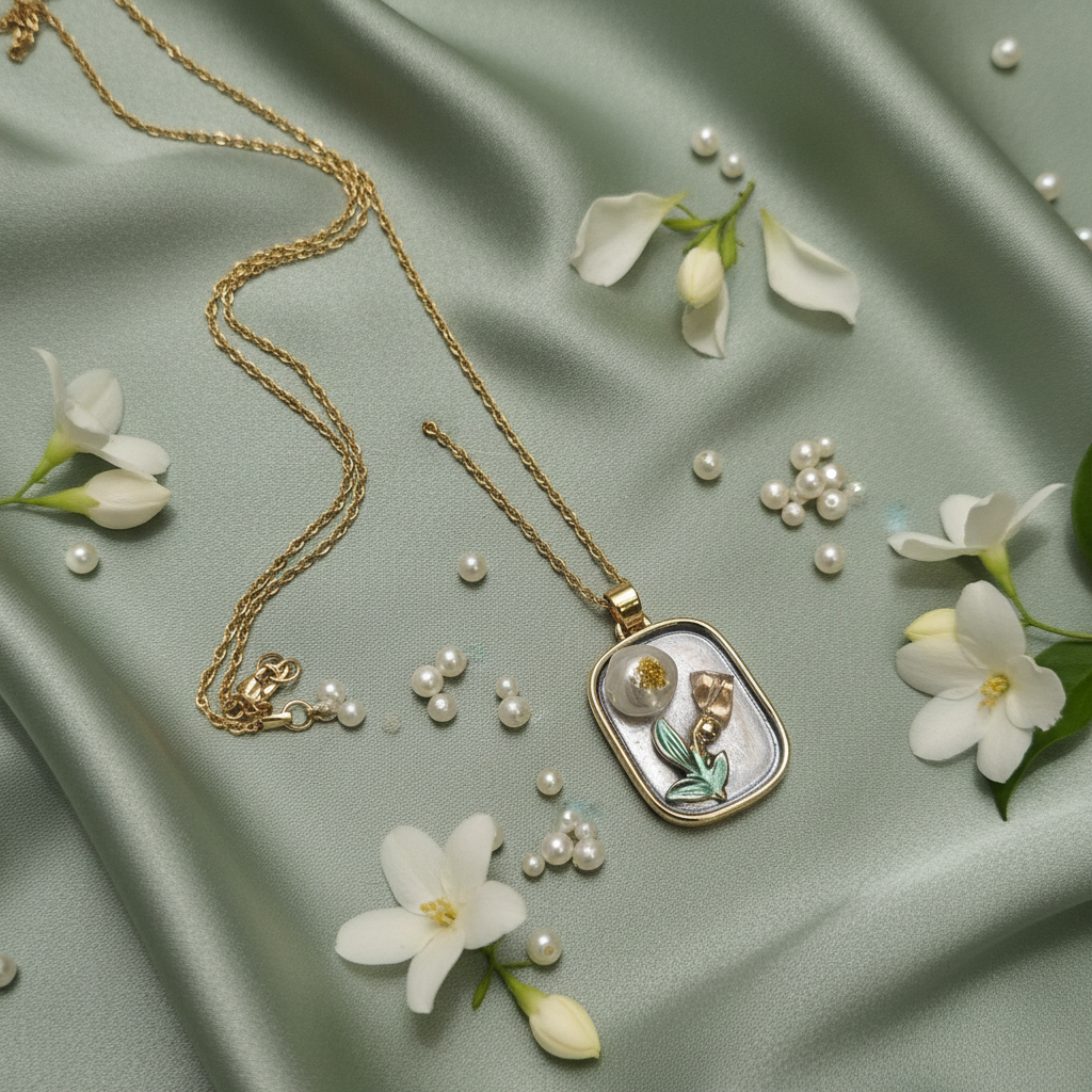Gold Rectangular Pearl & Teal Tulip Pendant Necklace - Pearl Bloom & Enamel Flower