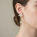 Gold Pink Flower Pearl Drop Earrings