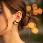 Gold Black Flower Pearl Drop Earrings