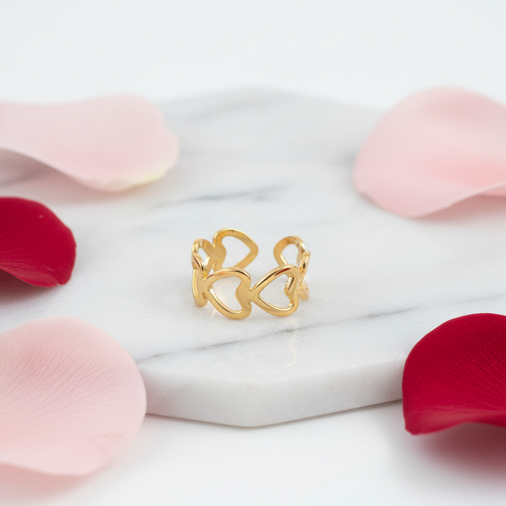 Gold Interlocking Hearts Chain Adjustable Ring - Bold Romantic Band Ring