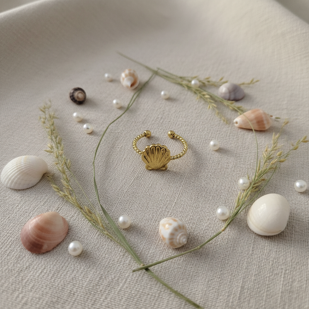 Gold seashell twisted rope open cuff ring on sandy linen with seashells and pearls