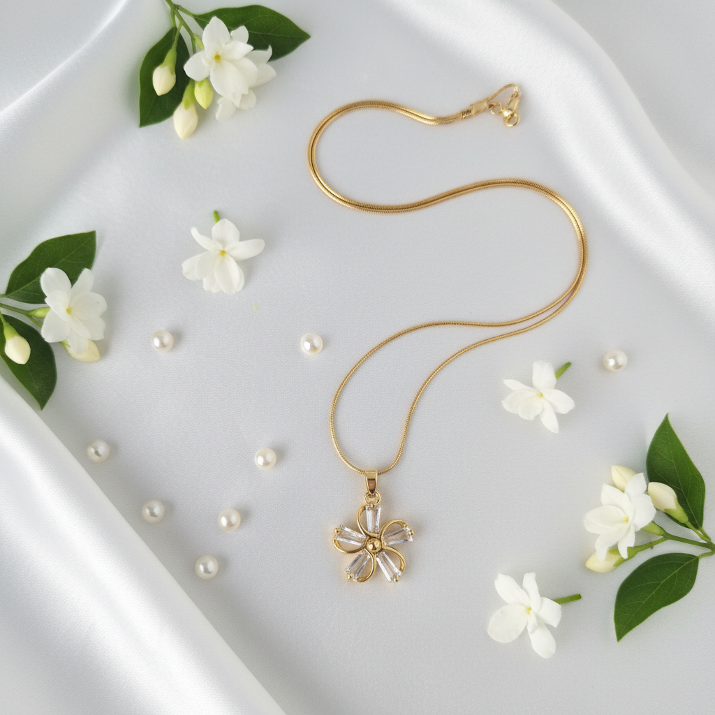 Gold Crystal Flower Pendant Necklace - Stainless Steel Gold Snake Chain