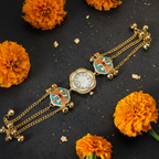 Meenakari Enamel Bracelet Watch – moody flat lay with marigolds