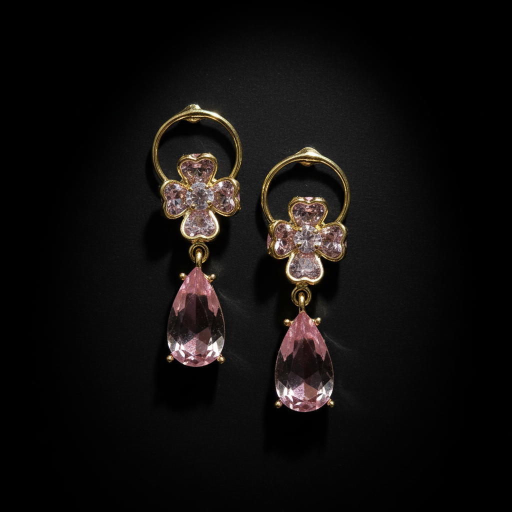 Blush Pink Zircon Teardrop Drop Earrings | Floral CZ Gold