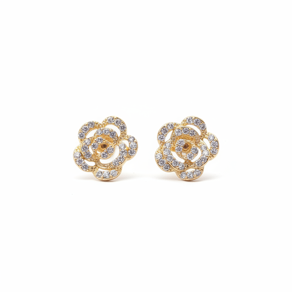 Violet Vows gold rose stud earrings with pavé crystals in a plain product shot