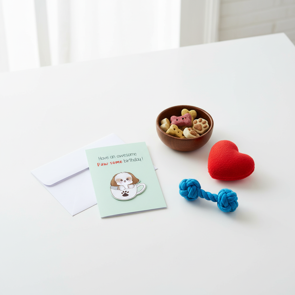 Greeting Card lifestyle photo with dog treats and toys