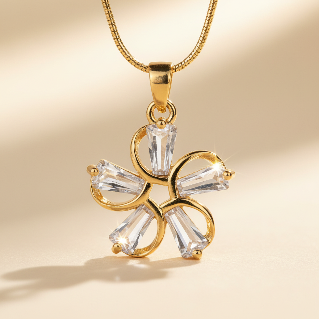 Gold Crystal Flower Pendant Necklace - Stainless Steel Gold Snake Chain