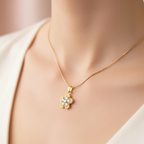 Gold Crystal Clover Flower Pendant Necklace - Stainless Steel Gold Snake Chain