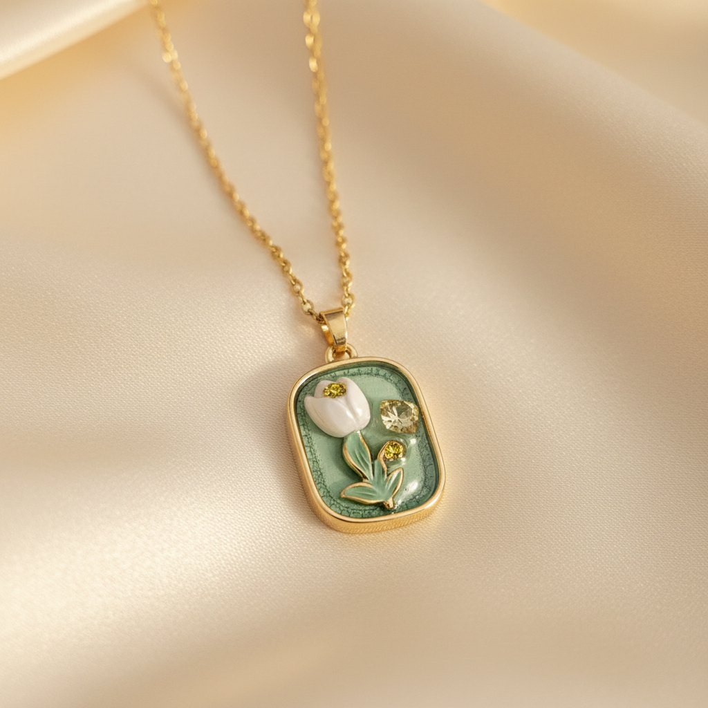 Gold 3D White Tulip Sage Green Pendant Necklace - cream silk close-up