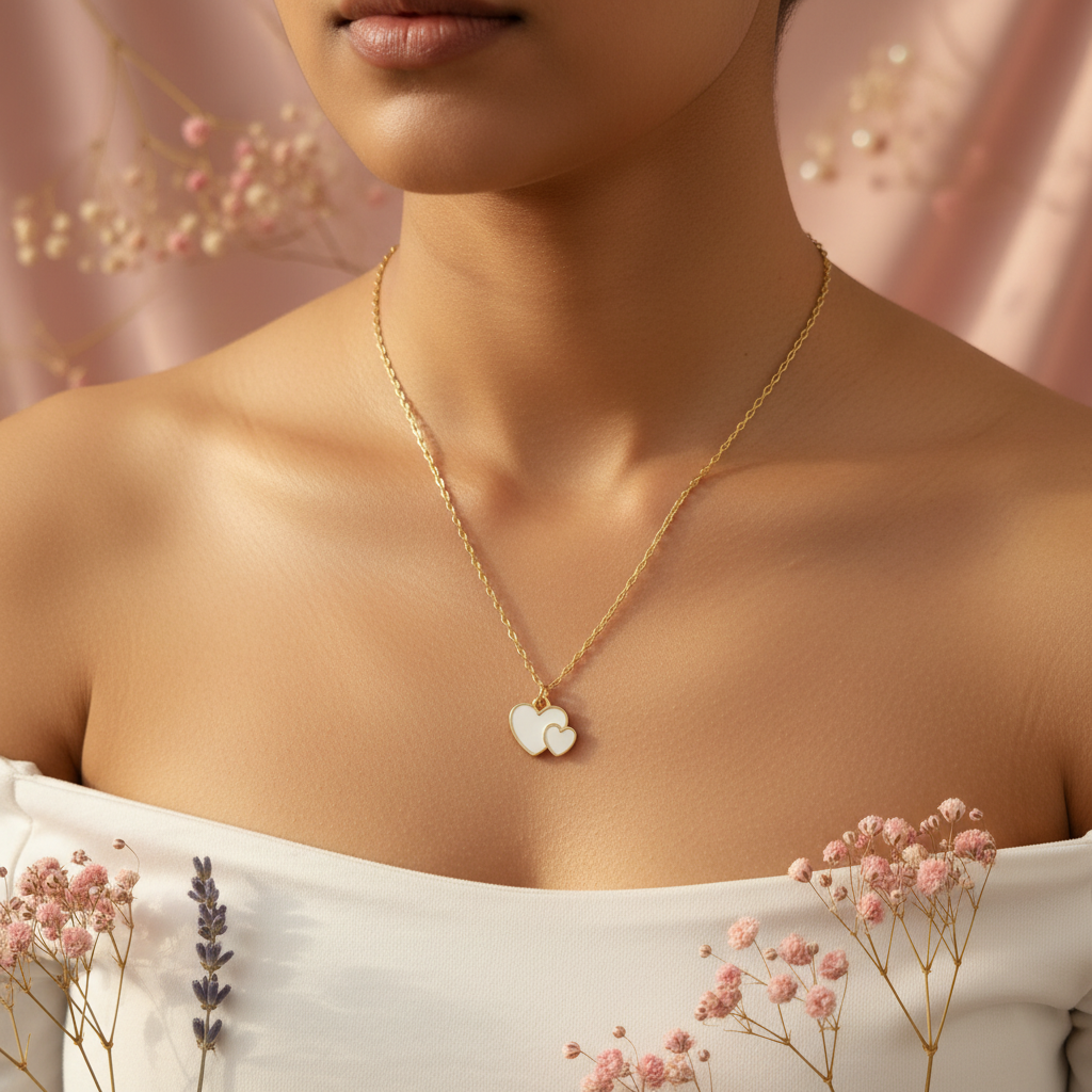 Model wearing double white enamel heart charm necklace on gold cable chain - two overlapping hearts with gold outline