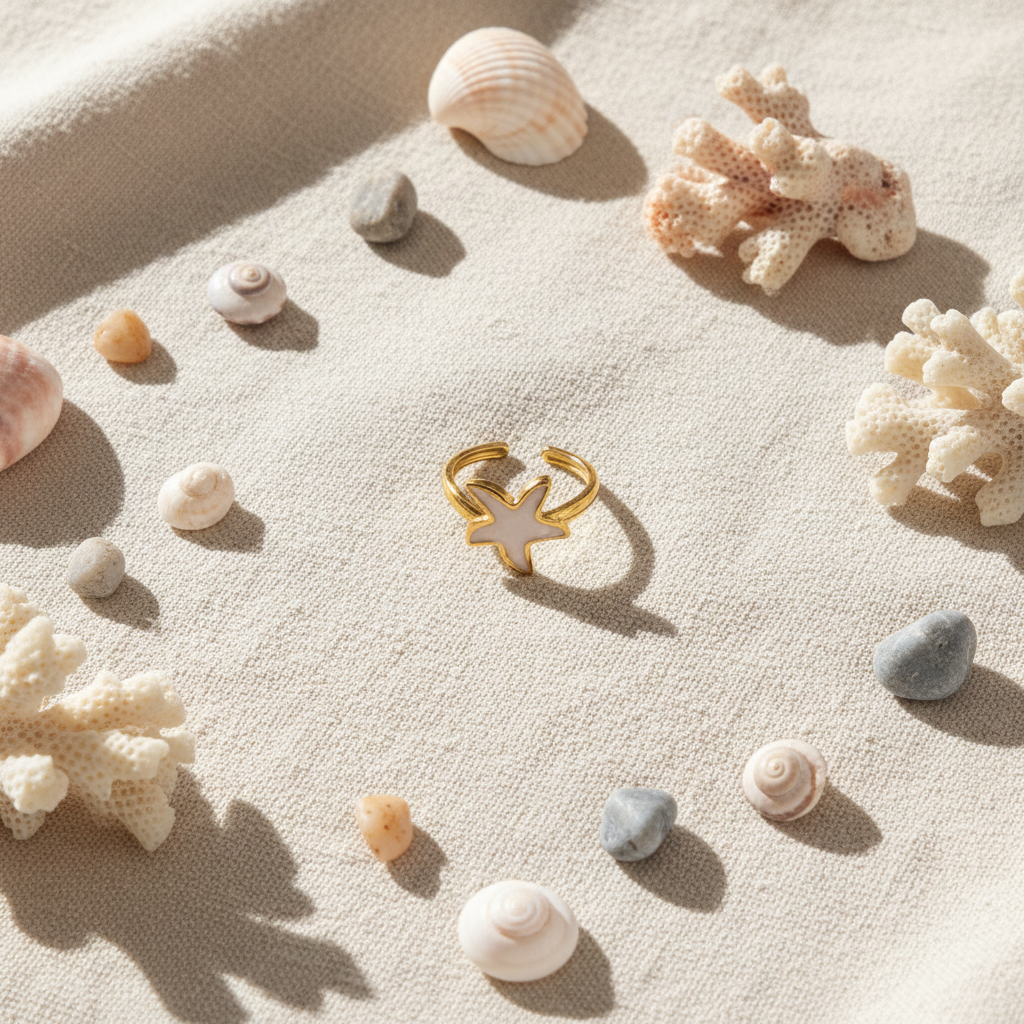 Gold white enamel starfish open cuff ring on sandy beige linen with seashells and dried coral