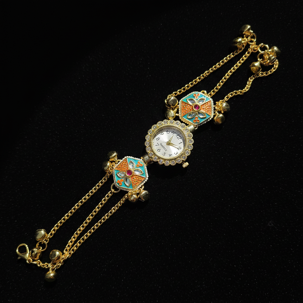 Hexagonal Meenakari Sunflower Bracelet Watch - Dark Velvet Background