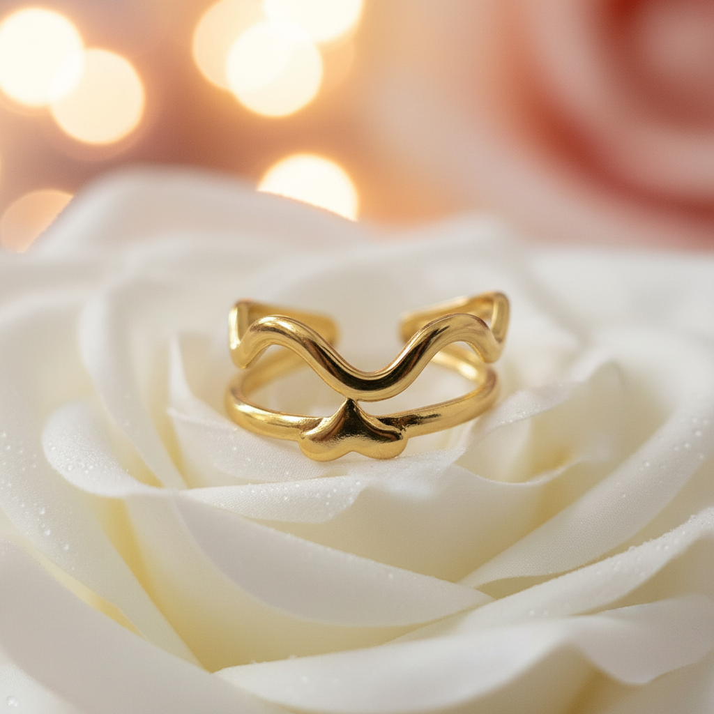 Gold Double-Wave Open Cuff Ring | Anti-Tarnish