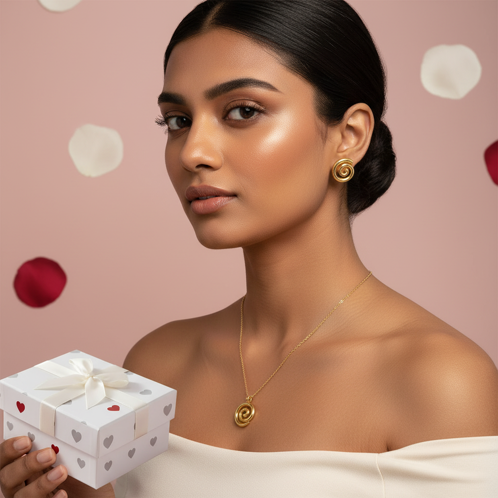 Model wearing gold spiral jewelry set with heart-patterned white gift box with cream ribbon - spiral earrings and necklace hamper by Violet Vows