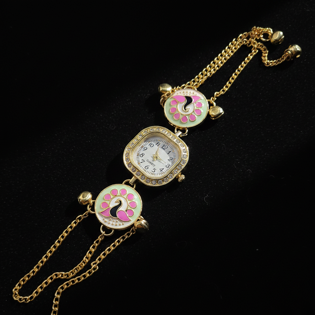 Pink Peacock Bracelet Watch - Dark Velvet Background