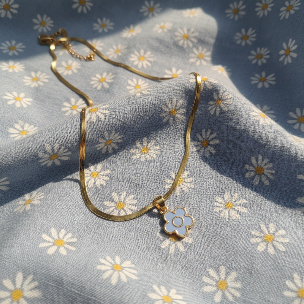 Light Blue Enamel Flower Pendant Necklace | Anti-Tarnish Gold Snake Chain