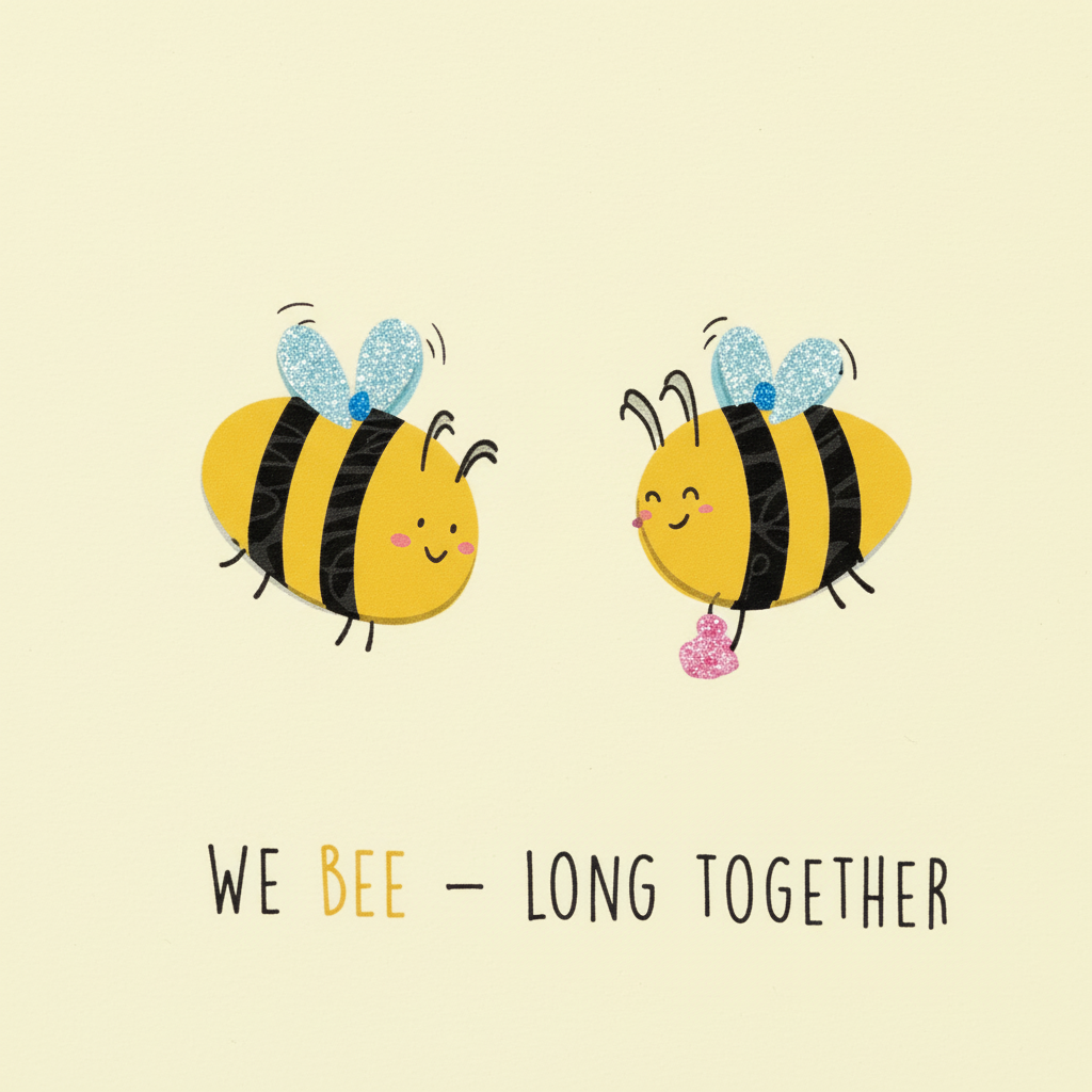 Close-up detail of bee characters with glittery wings and pink flower