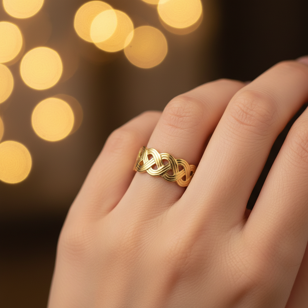 Gold infinity knot weave open cuff ring worn on finger with warm golden bokeh