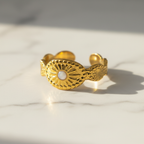 Gold Sunburst Medallion Open Cuff Ring | Anti-Tarnish