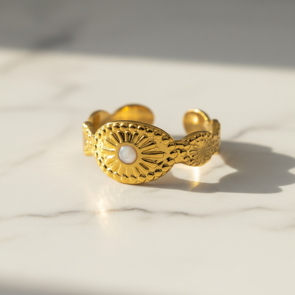 Gold Sunburst Medallion Open Cuff Ring | Anti-Tarnish