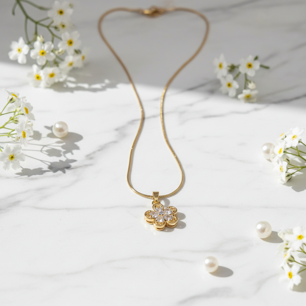 Gold Crystal Clover Flower Pendant Necklace - Stainless Steel Gold Snake Chain