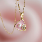 Pink Triangle Pearl & CZ Pendant Necklace | Anti-Tarnish Gold Chain
