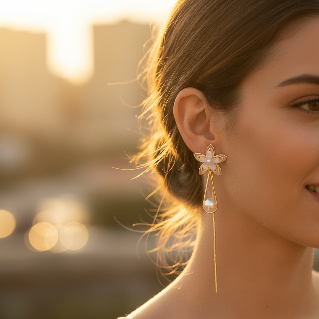 Gold Blush Flower Pearl Drop Earrings