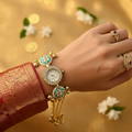 Teal Kundan Lattice Bracelet Watch - Wrist Lifestyle Shot