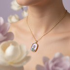 Gold Lavender Enamel Floral Pendant Necklace - White Flower & Teal Leaf