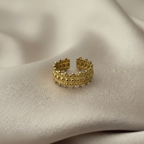Gold Lace Beaded Crown Wide Band Open Ring - cream silk fabric close-up