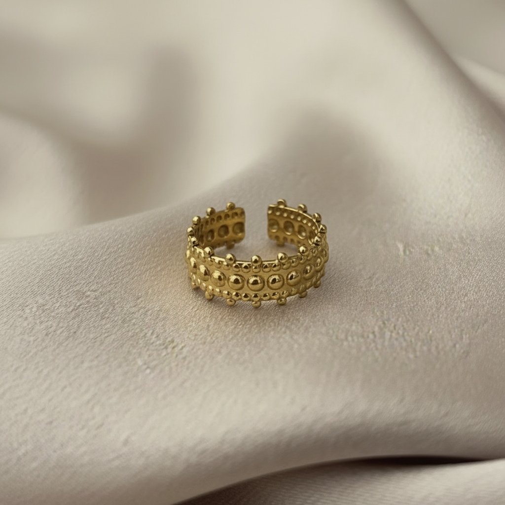 Gold Lace Beaded Crown Wide Band Open Ring - cream silk fabric close-up