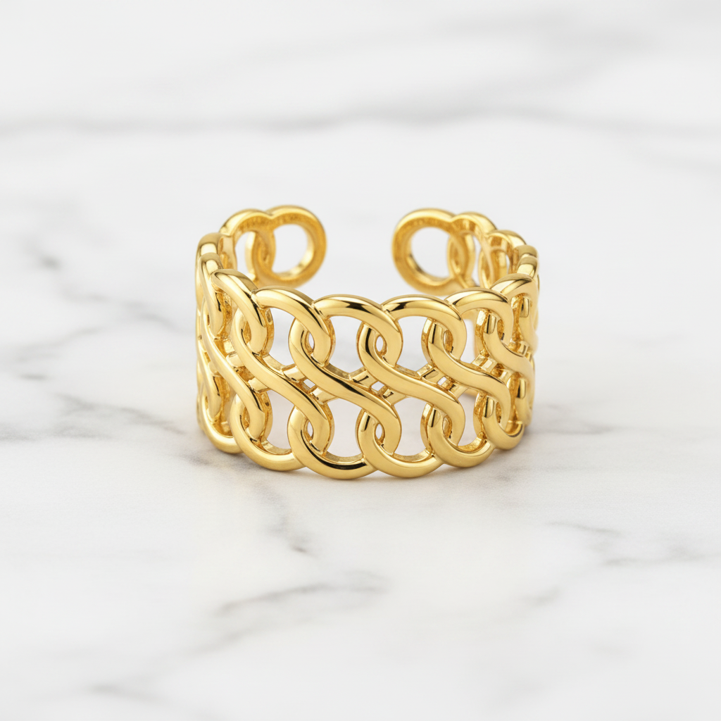 Gold Interlocking Wave Chain Wide Cuff Open Ring - white marble product shot