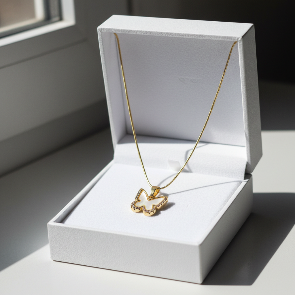 White Enamel Crystal Butterfly Pendant Necklace - Stainless Steel Gold Snake Chain