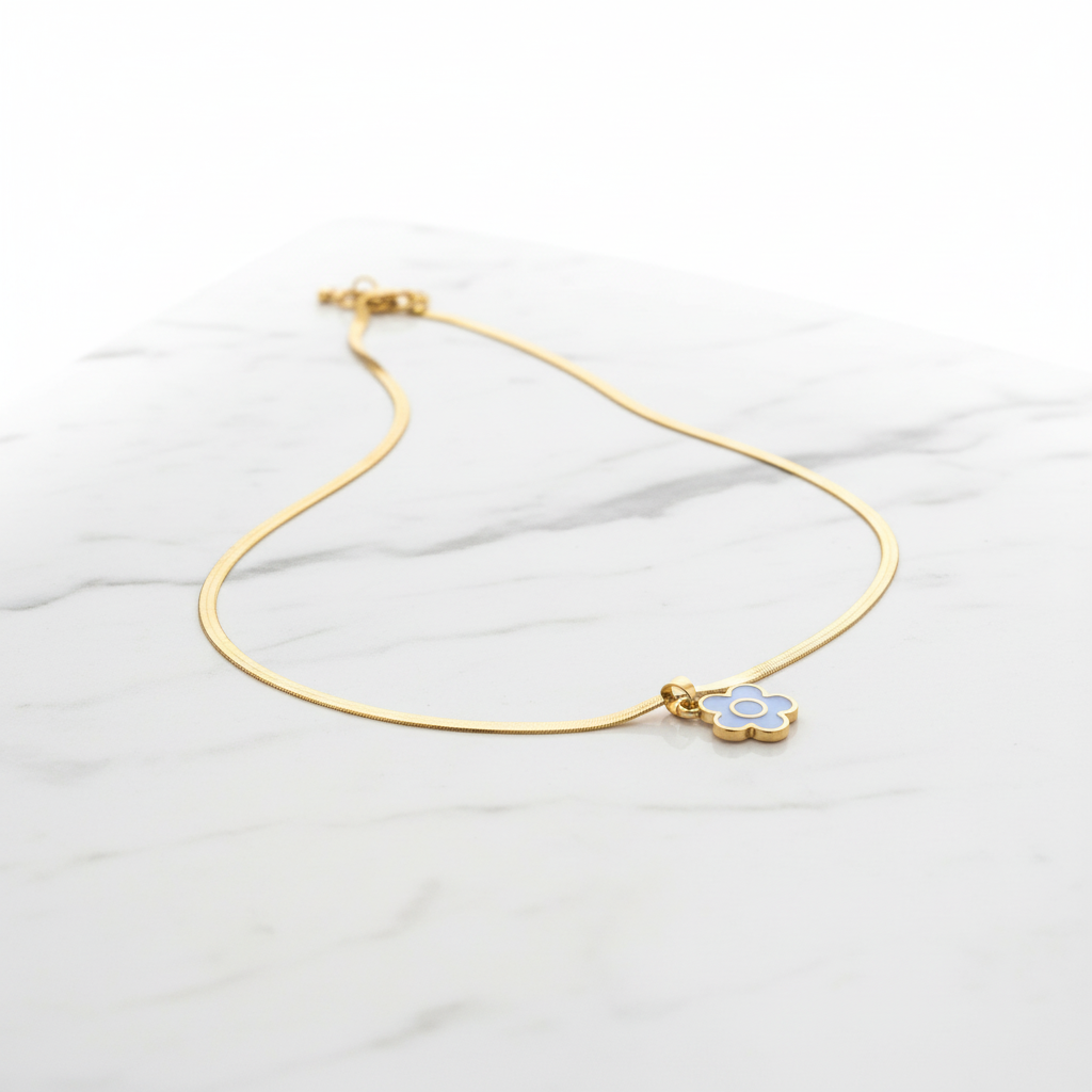 Light Blue Enamel Flower Pendant Necklace | Anti-Tarnish Gold Snake Chain