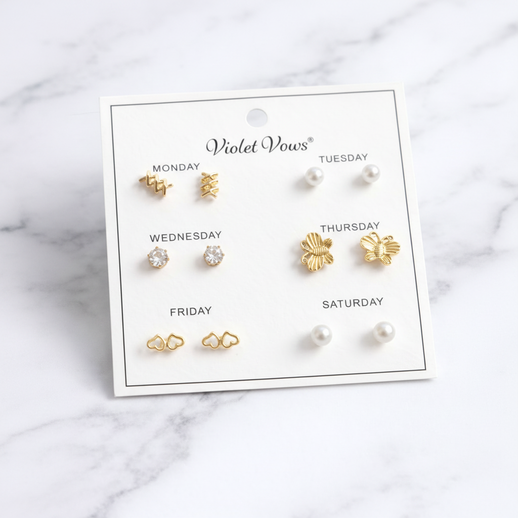 6-Pair Weekday Earring Set | Gold & Pearl Studs