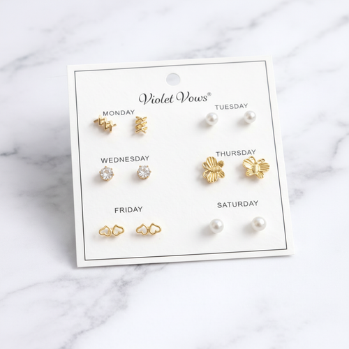 6-Pair Weekday Earring Set | Gold & Pearl Studs