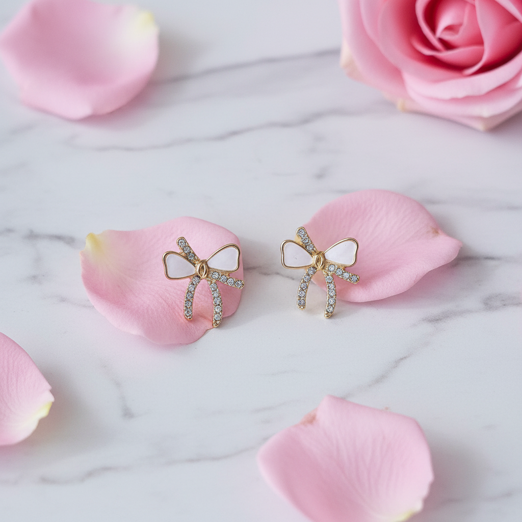 Styled flat-lay shot of Violet Vows gold bow stud earrings with crystals and white enamel resting on pink rose petals