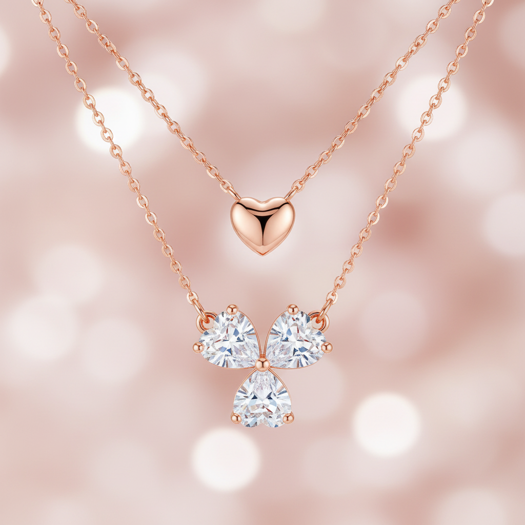 Rose Gold Double Layer Heart & Crystal Cluster Necklace - Plain Heart & 4 Crystal Hearts