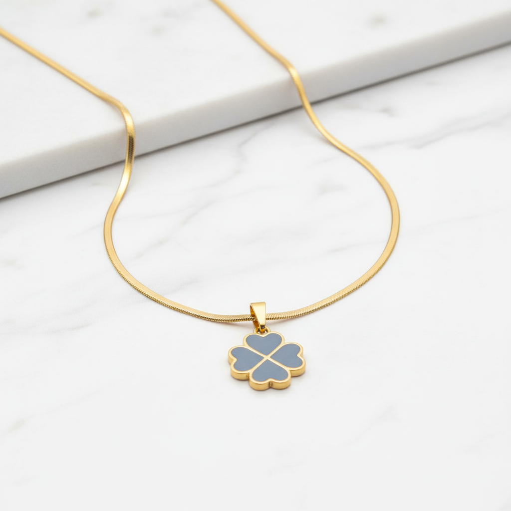 Grey Blue Enamel 4-Leaf Clover Pendant Necklace | Anti-Tarnish Gold Snake Chain
